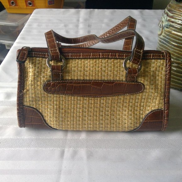 Satchel Purse, Brown Croc Leather & Raffia - Picture 2 of 5